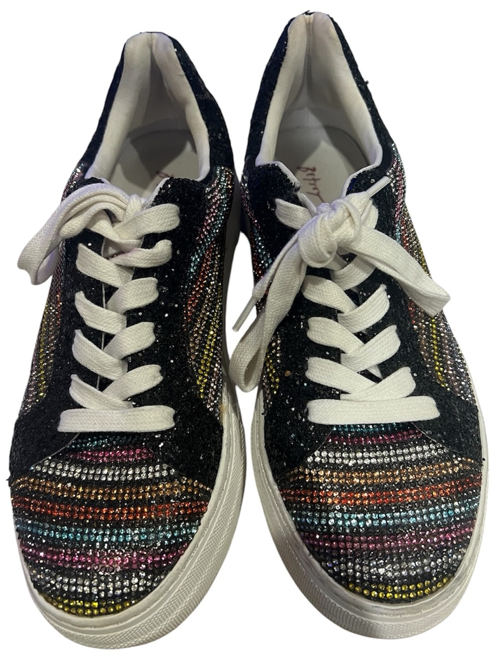 Betsey Johnson platform embellished, rainbow striped sneakers size 8M
